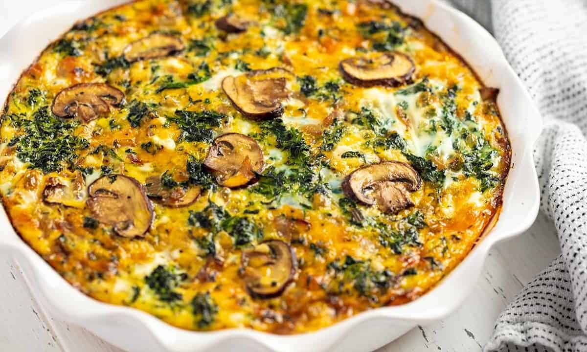 Crustless Spinach Quiche in a baking dish.