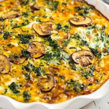 Crustless Spinach Quiche in a baking dish.