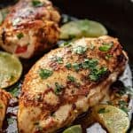 Fajita Stuffed Chicken in a skillet with sliced limes