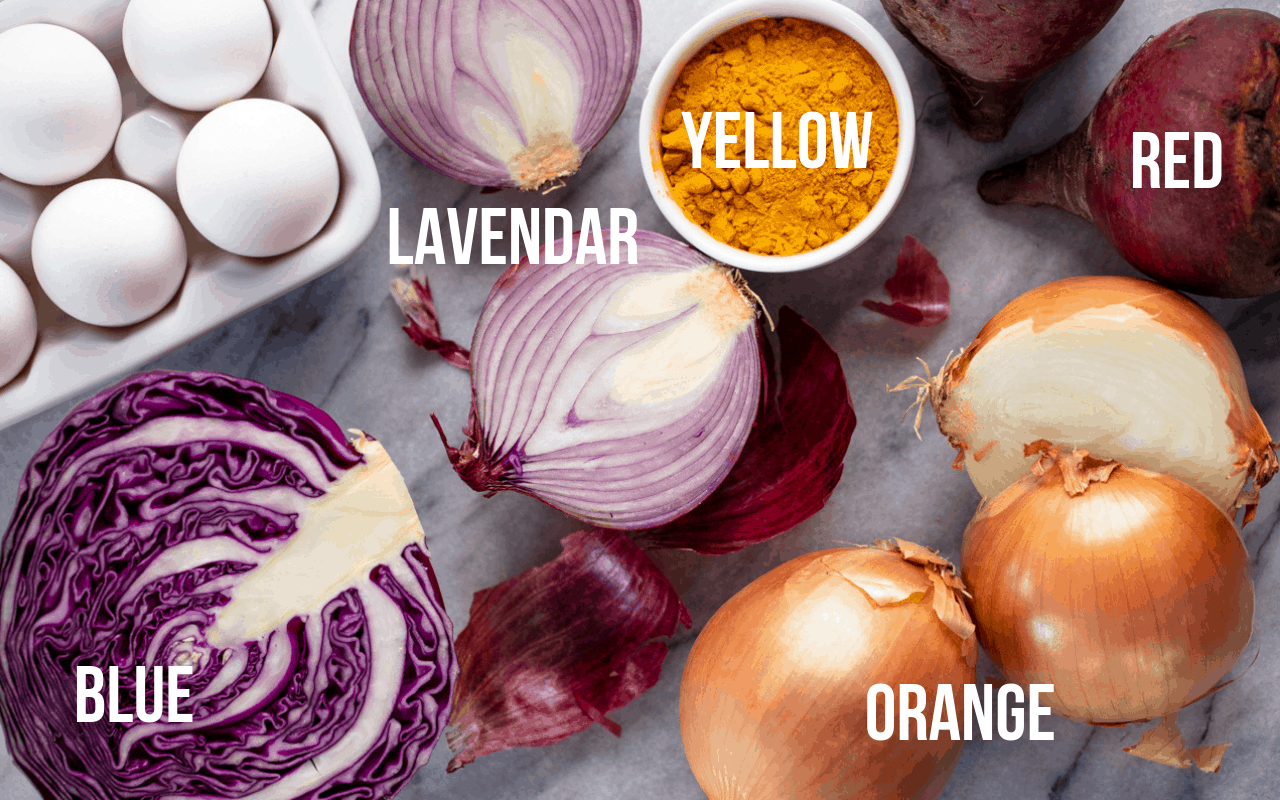 Bird's eye view of a red cabbage, red onions, a bowl of turmeric, beets, and yellow onions all labeled with the color they will dye the egg.
