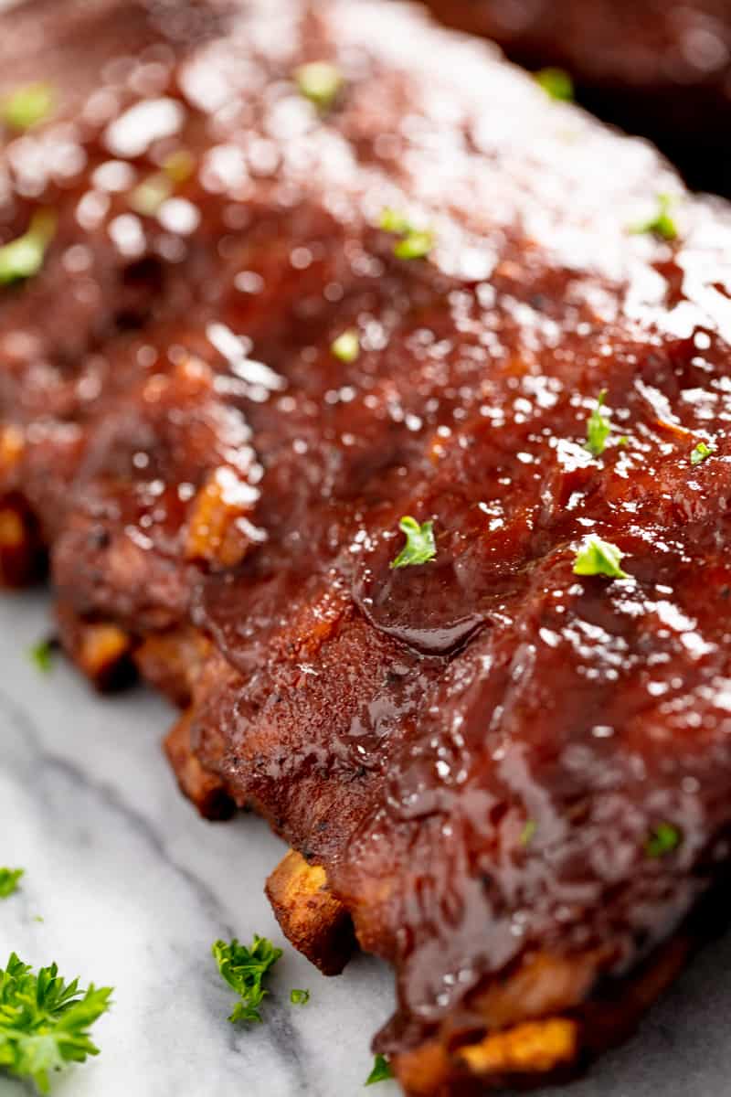 Close up of a rack of cooked slow Cooker Ribs