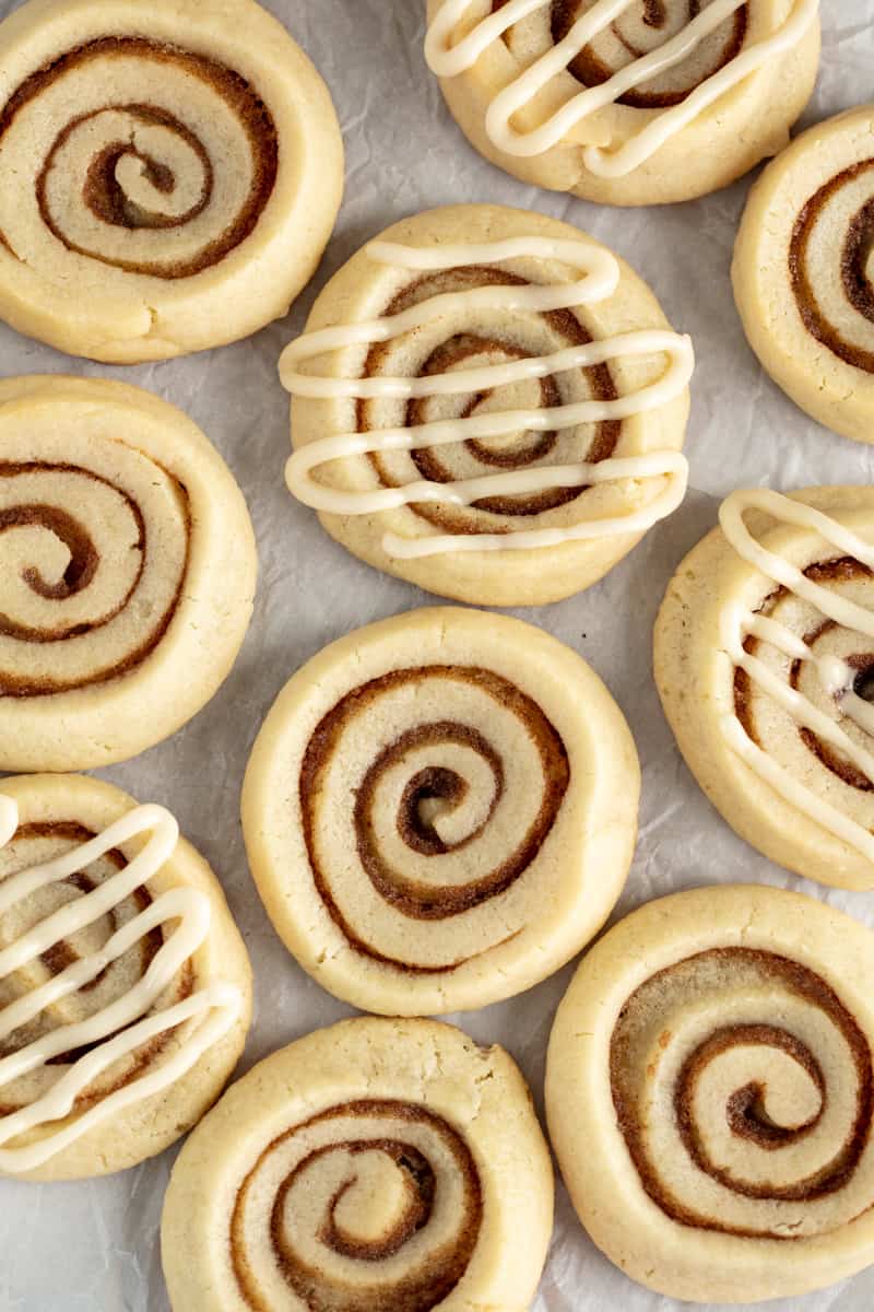 Bird's eye view of Cinnamon Roll Cookies on a countertop.