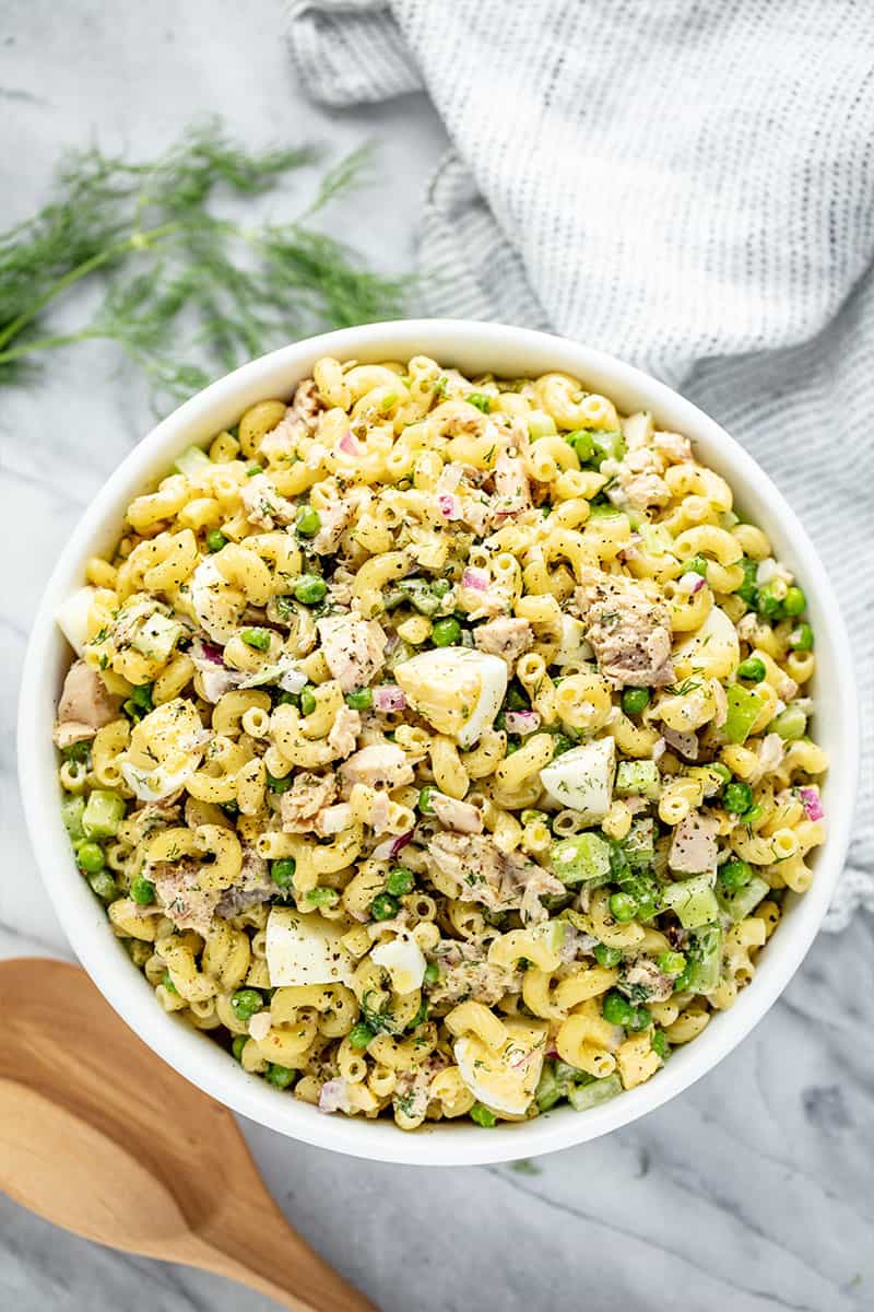 Bird's eye view of Tuna Macaroni Salad in a white bowl.