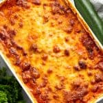 Bird's eye view of Zucchini Lasagna in a cooking dish.