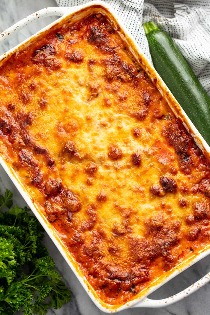 Bird's eye view of Zucchini Lasagna in a cooking dish.