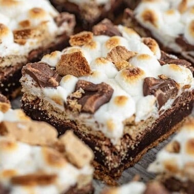 Angled close up view of S'mores Brownies cut into squares.