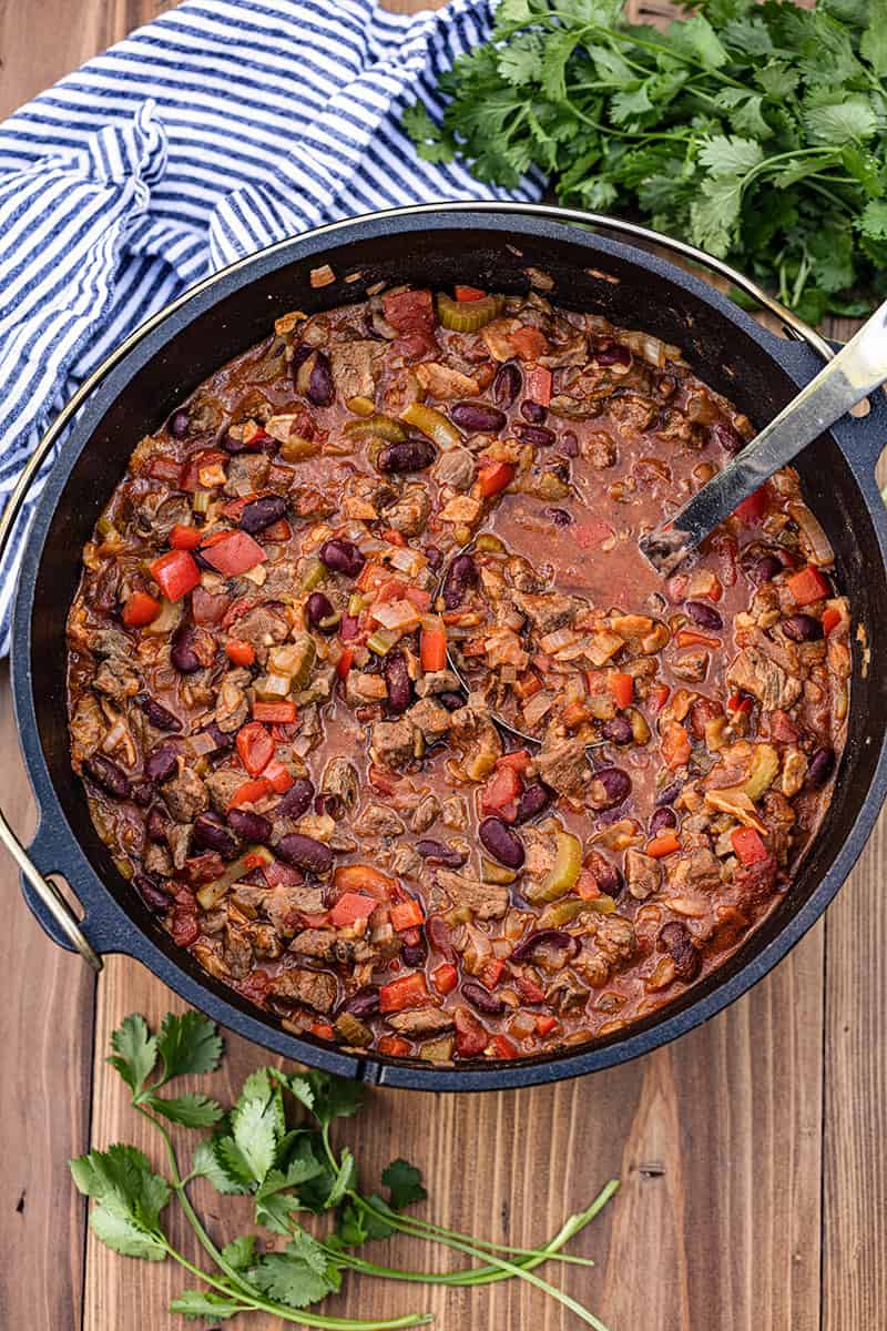 Bird's eye view of Chili in a Cast Iron Dutch Oven with a metal ladle in it.