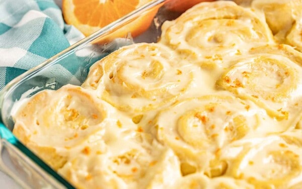 a pan of homemade orange rolls