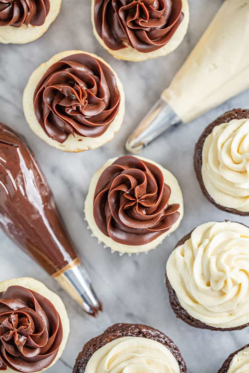 Bird's eye view of Chocolate and Vanilla Sweetened Condensed Milk frosting on cupcakes. 