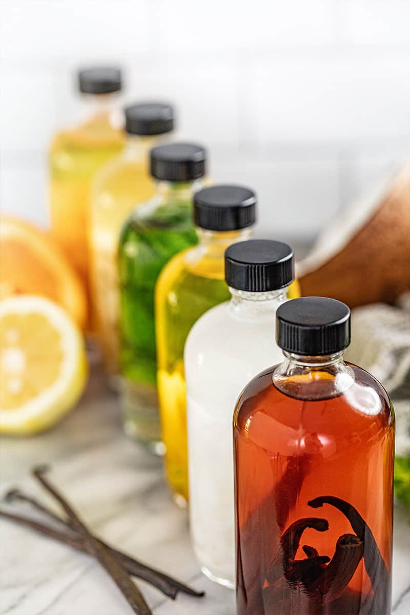 A line of Homemade Extracts in multiple flavors in bottles.