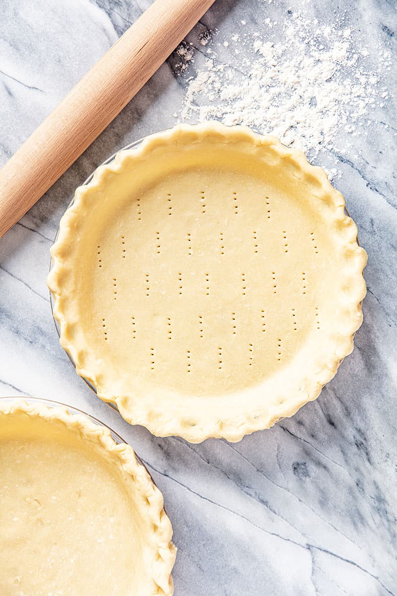 Bird's eye view of Pie Crust in a glass pie dish.