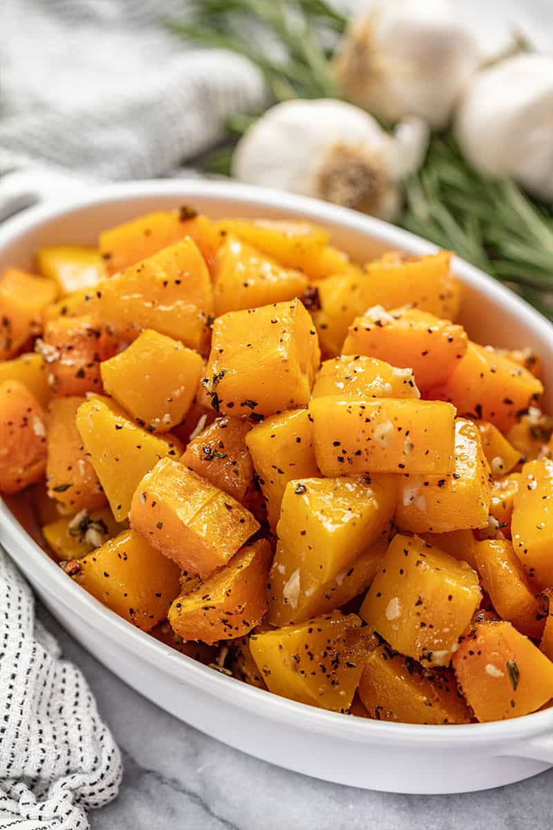 Close up of Butternut Squash in a white dish.