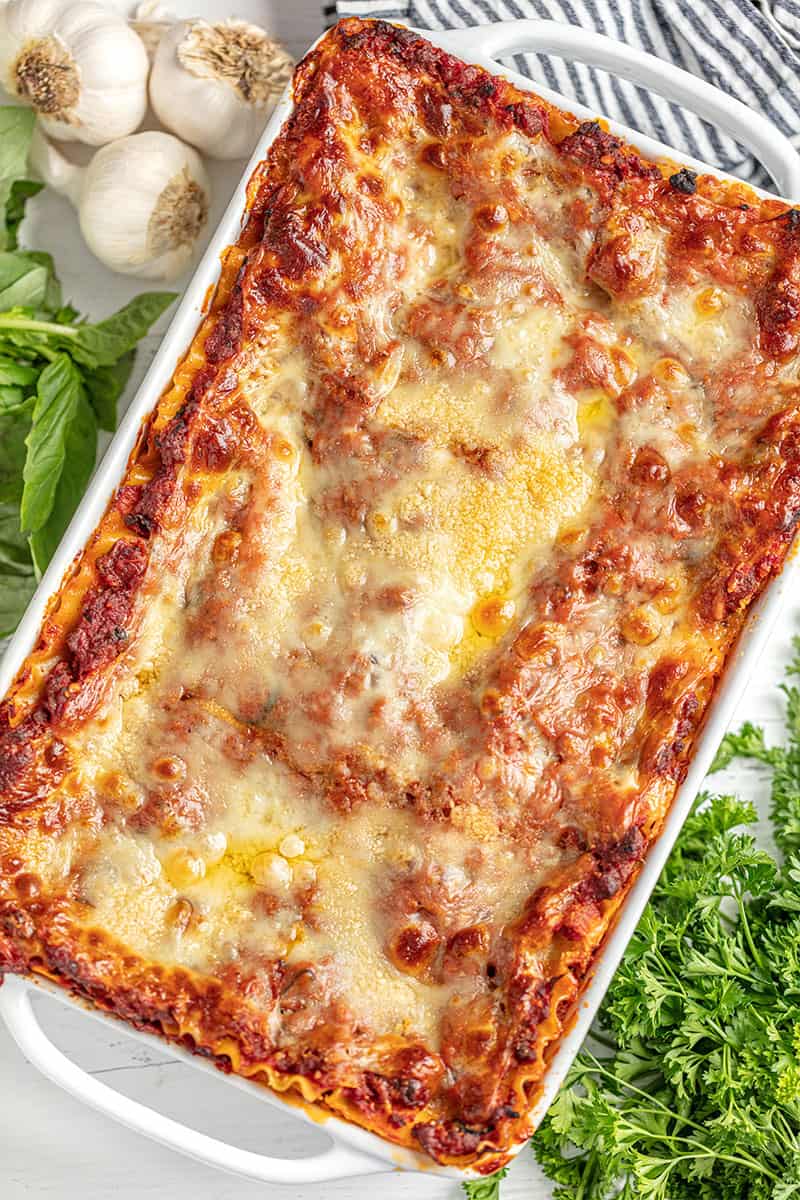 Lasagna in a white baking dish