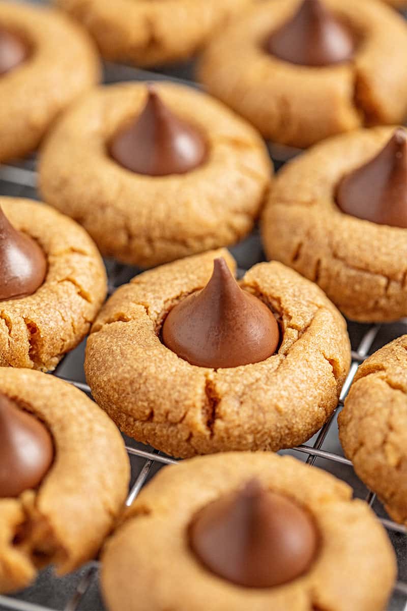 Peanut Butter Kiss Cookies on a wire cooling rack.