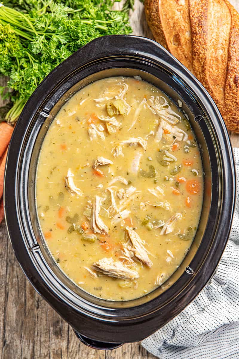 Bird's eye view of Turkey Soup in a Slow Cooker