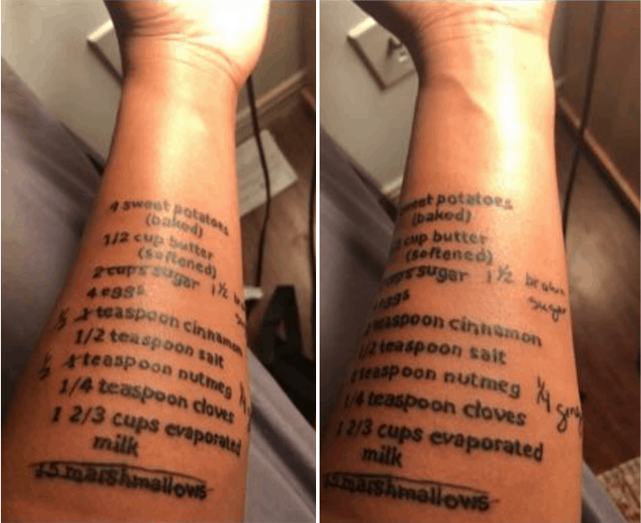 Sweet Potato Pie Recipe Tattoo on a Man's Arm