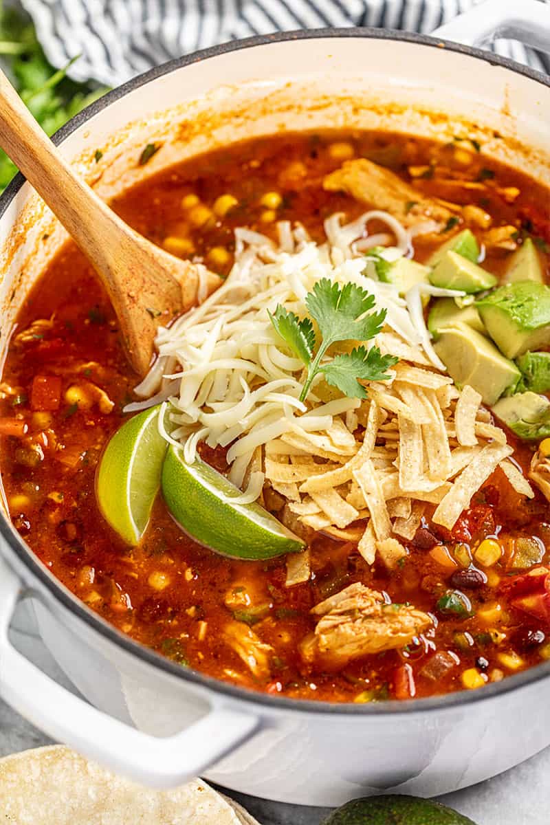 Pot of chicken tortilla soup topped with cheese, avocado, tortilla strips, lime, and cilantro