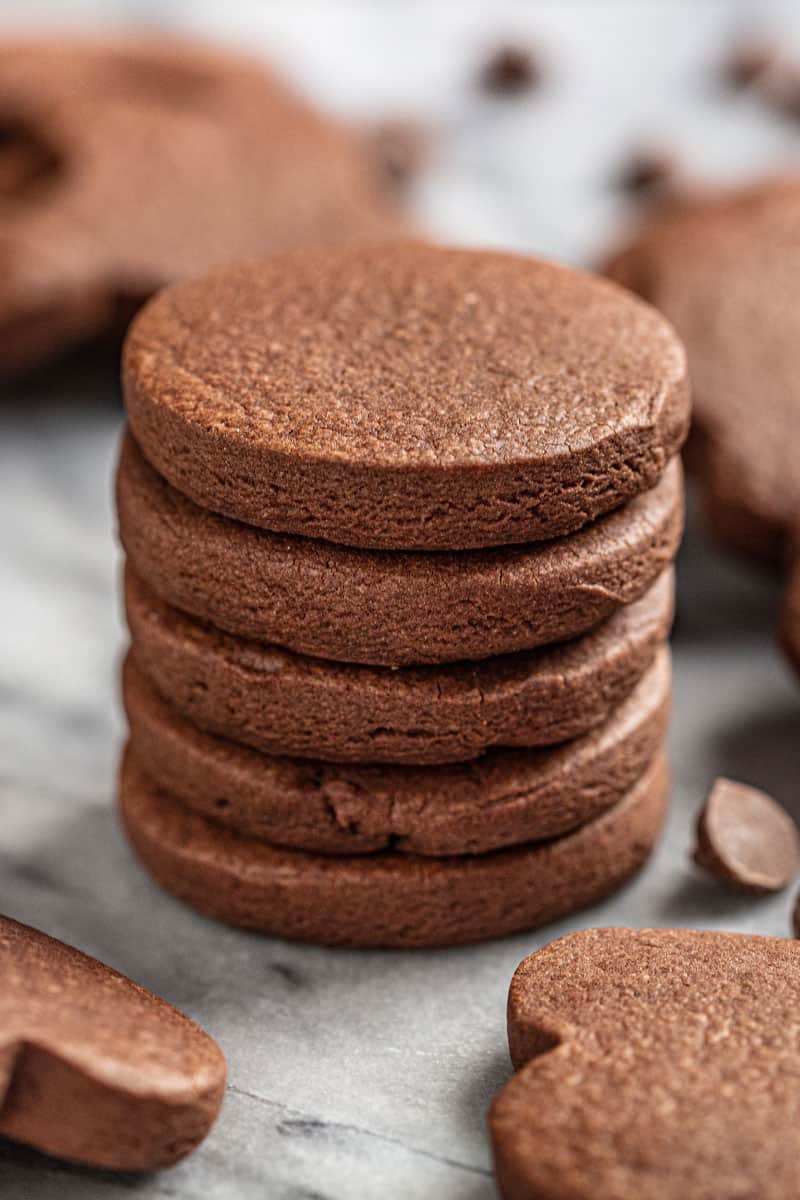 A stack of freshly baked chocolate sugar cookies.