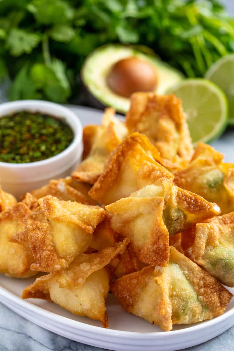 Cream Cheese and Avocado Wontons with Cilantro Lime Dipping Sauce