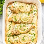 Baked Chicken Breasts in a white baking dish topped with lemon slices and chopped parsley.