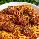 Spaghetti and Meatballs in a white dish