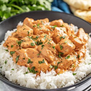 Butter chicken and white rice in black bowl