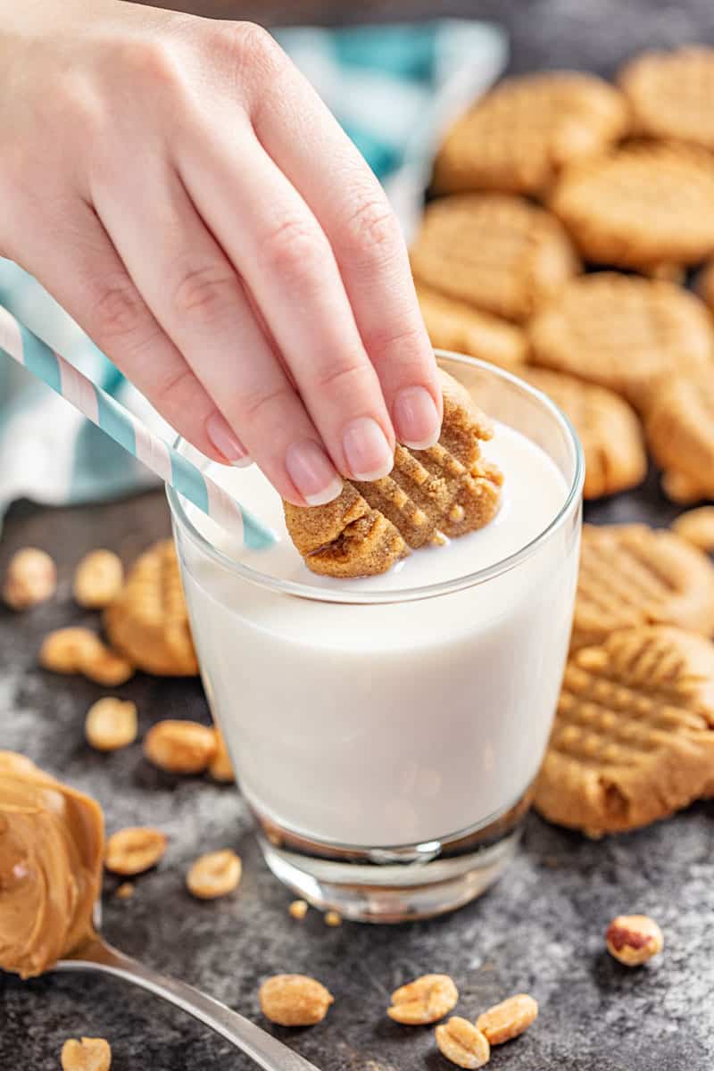 Dunking peanut butter cookie in milk