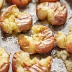 Honey roasted smashed potatoes on sheet pan