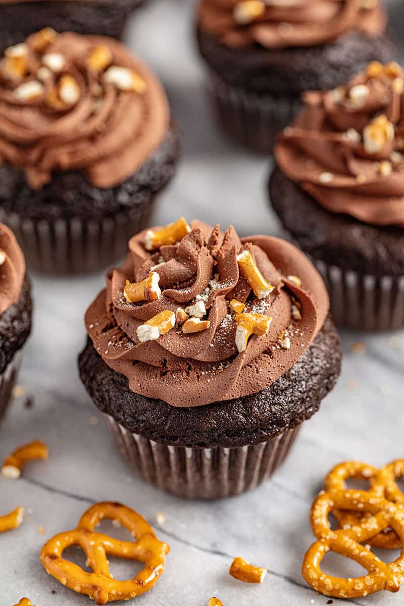 Chocolate peanut butter pretzel cupcakes on plate