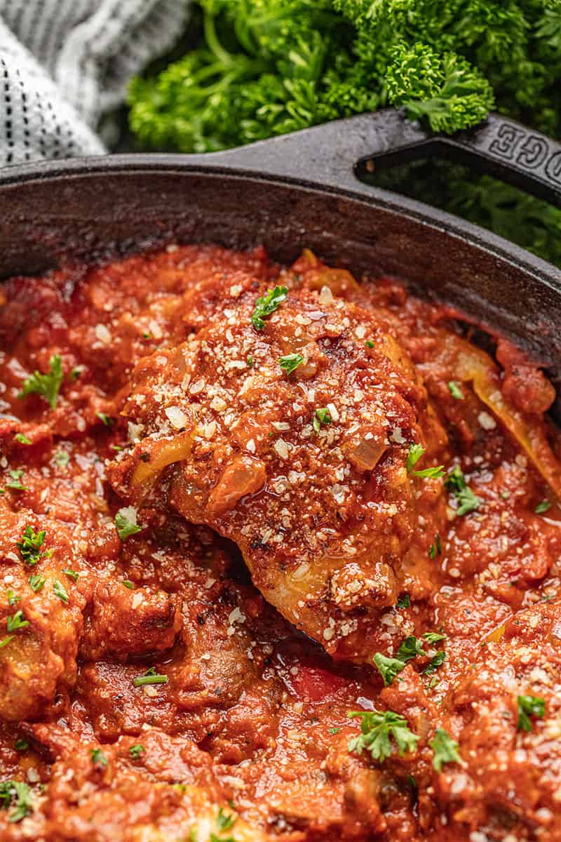 Close up of Chicken cacciatore in skillet