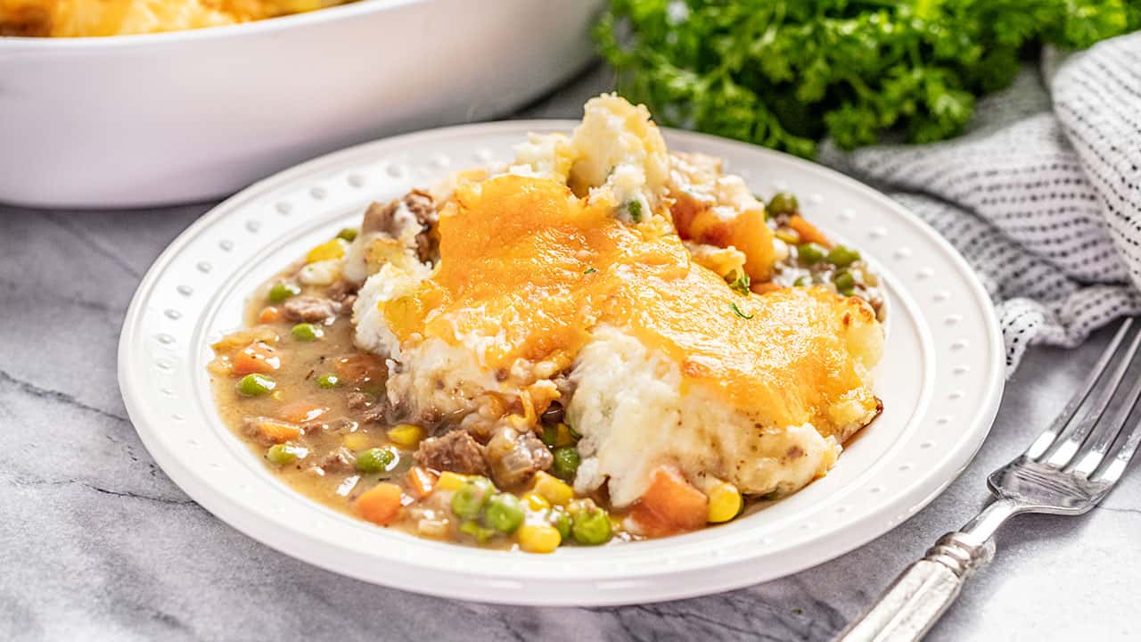 Serving of shepherd's pie on a white plate