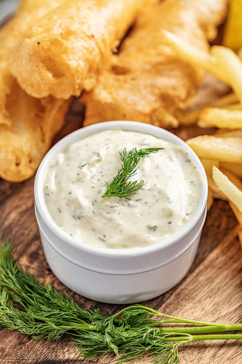 homemade tartar sauce and fish and chips.