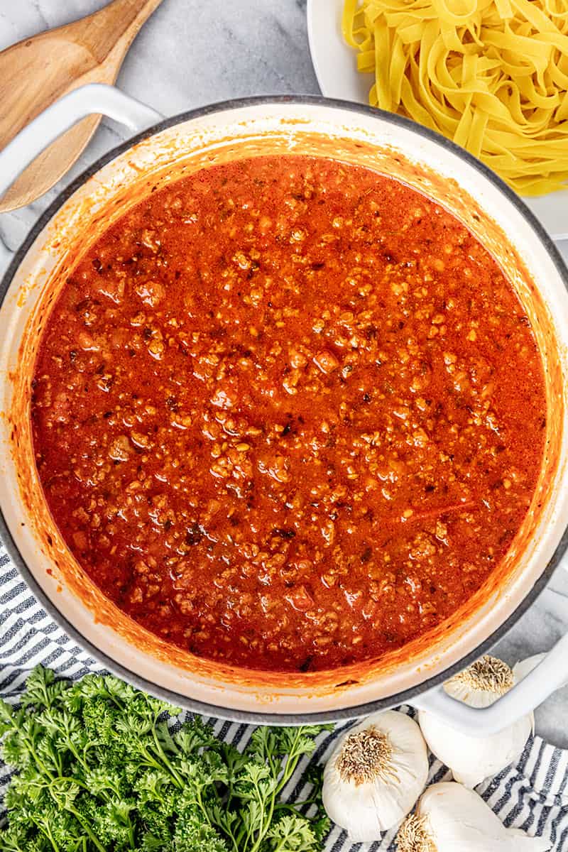 Bolognese sauce in a stock pot