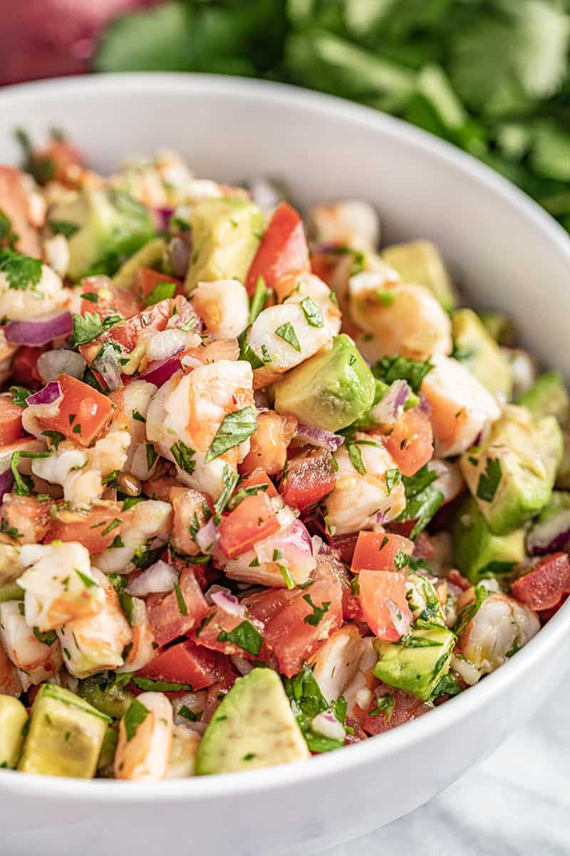 Shrimp ceviche in white bowl