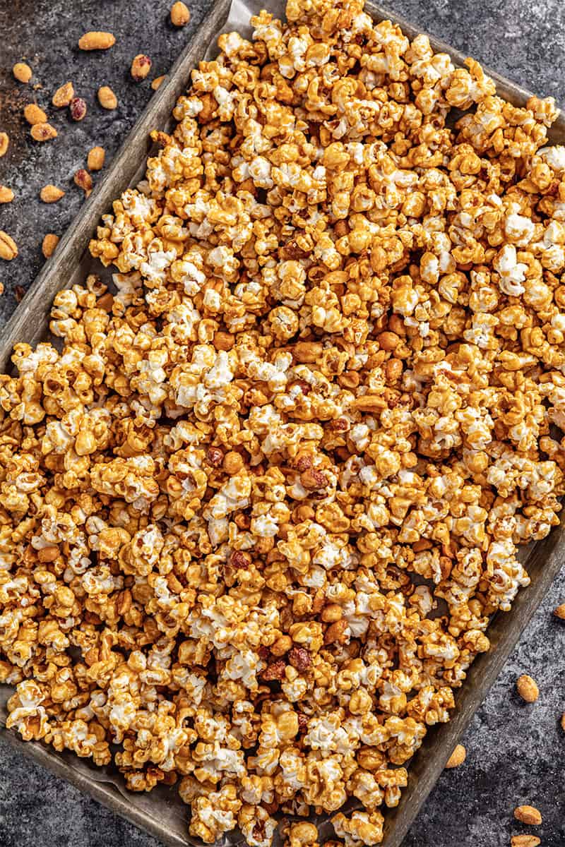 Honey roasted caramel corn on a baking sheet