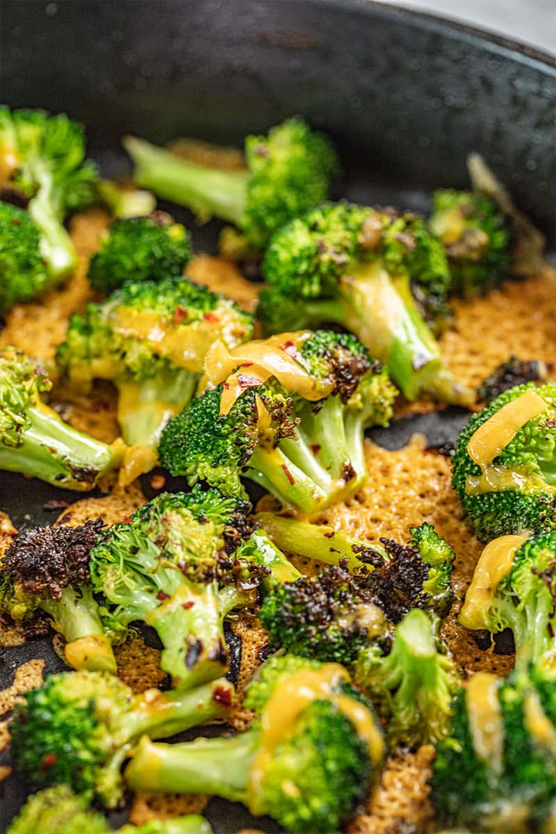 Cheesy broccoli in a skillet