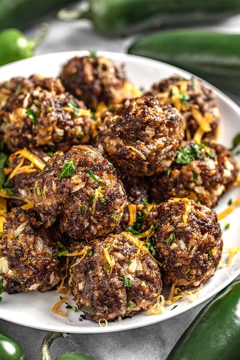 Jalapeno popper meatballs on a white plate