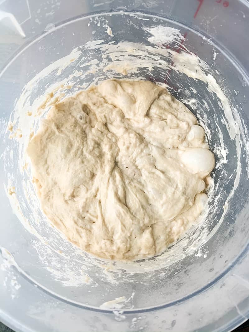 Sourdough first rise in a plastic container