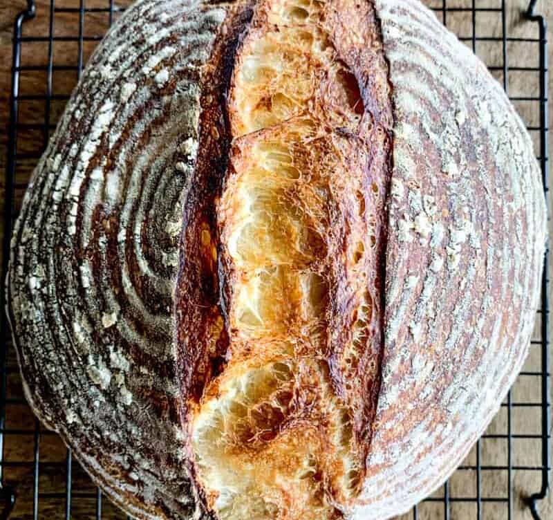Sourdough bread on a cooling rack