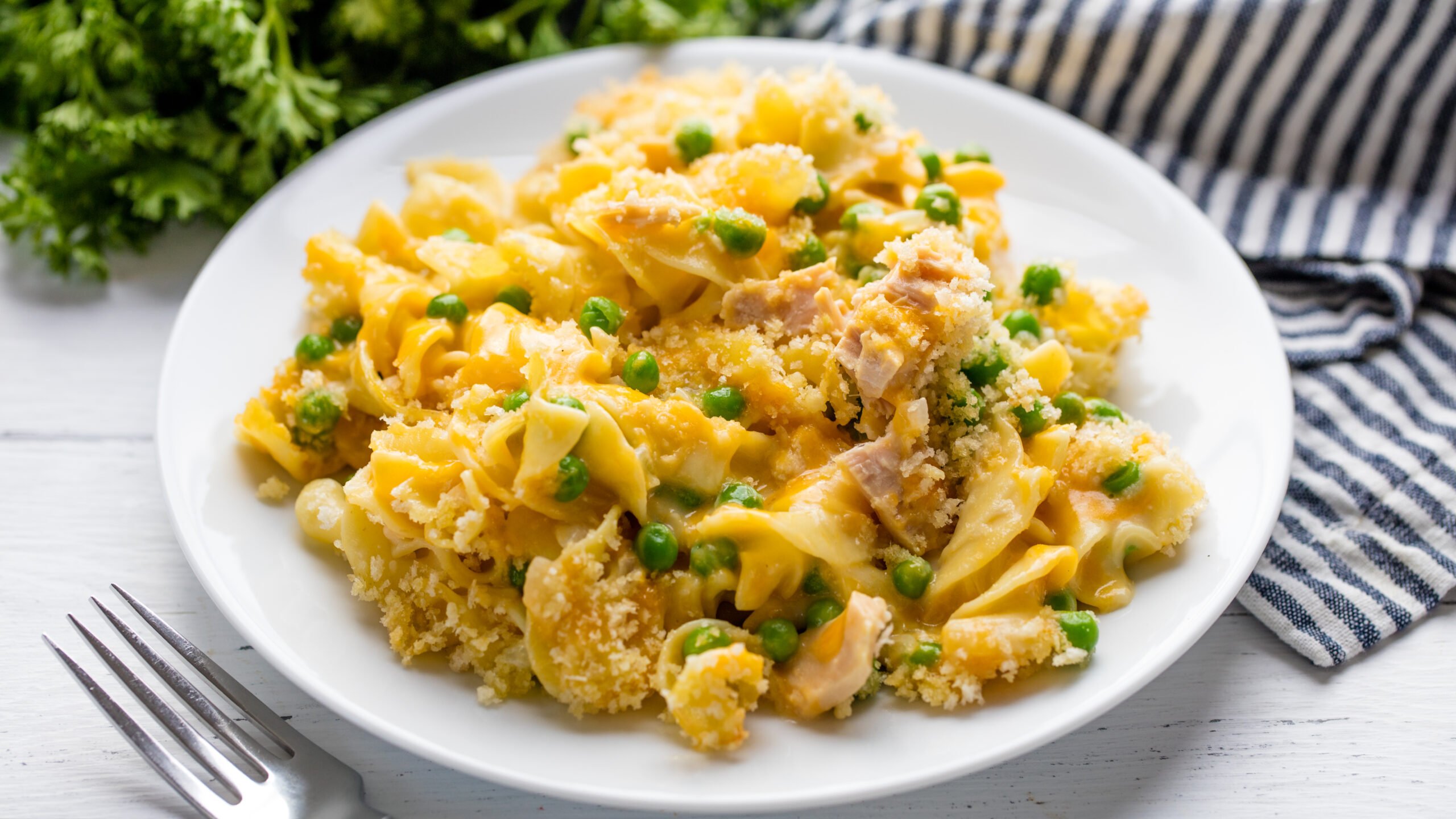 a serving of tuna casserole on a white plate