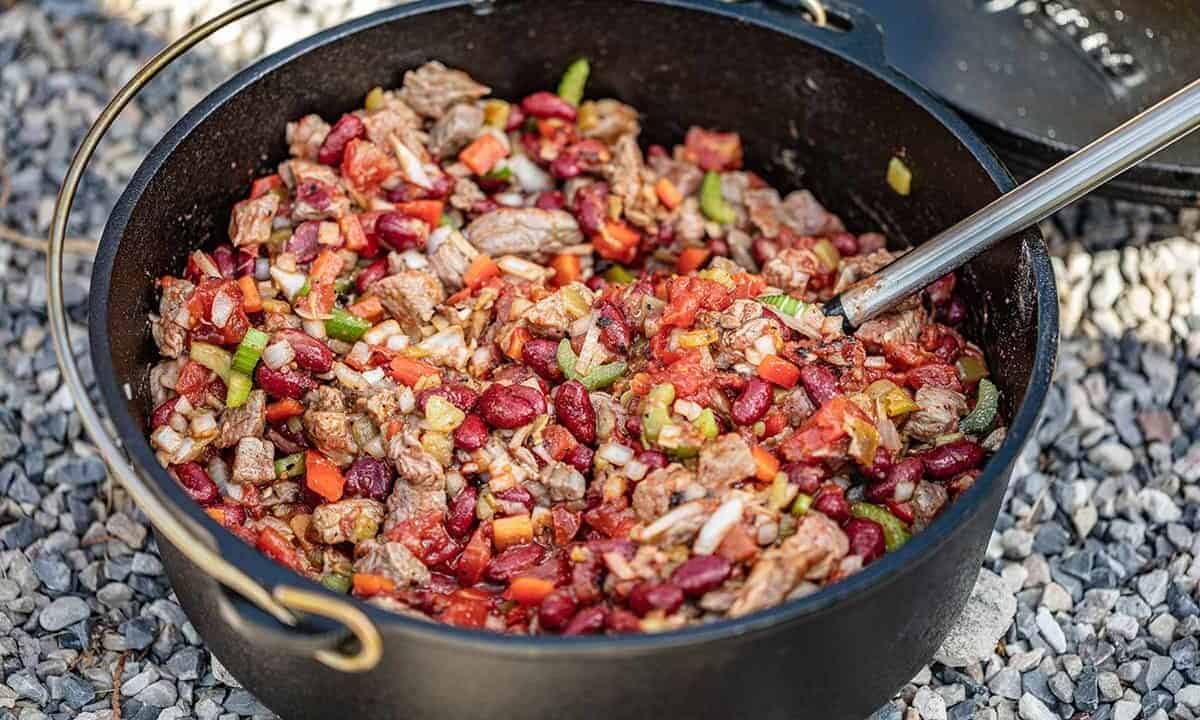 Chili made in a cast iron Dutch Oven