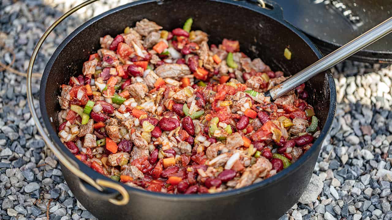 Beef Ribeye Chili in the Lodge 5 Quart Cast Iron Dutch Oven 