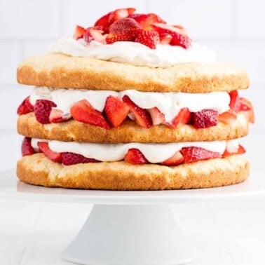 Strawberry Shortcake on a cake stand.
