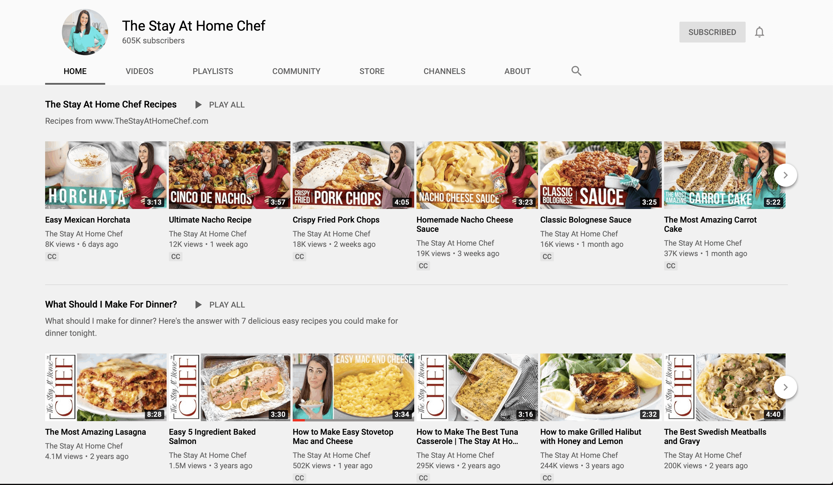 Section of YouTube channel for The Stay At Home Chef.