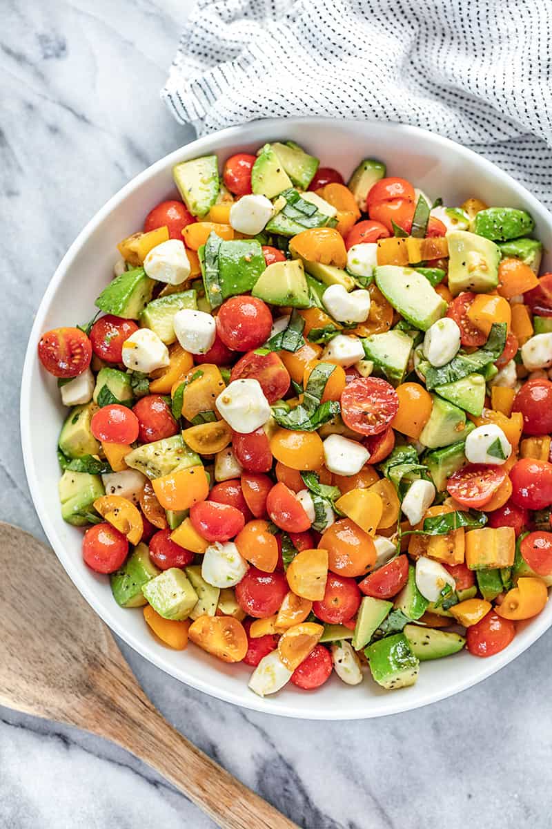 Overhead view of caprese avocado salad