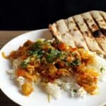 Baingan bharta with rice and naan