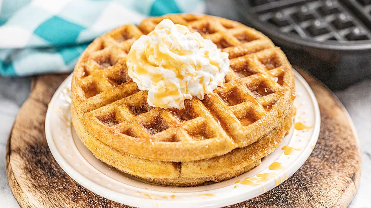 Caramel Churro Waffles - thestayathomechef.com