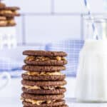 cookie dough Oreo cookies stacked on a counter