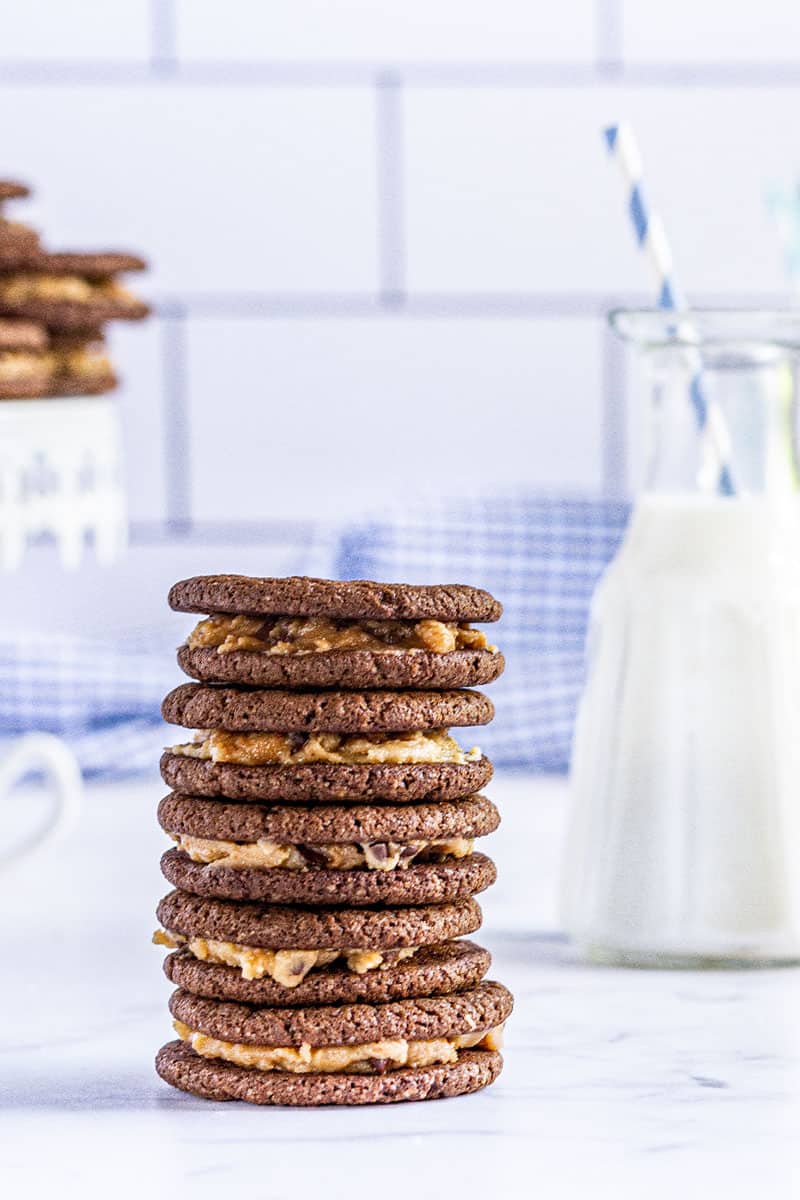 cookie dough Oreo cookies stacked on a counter