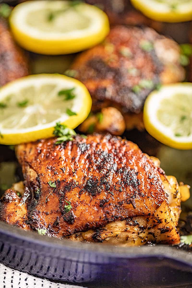 Chicken thighs in a skillet